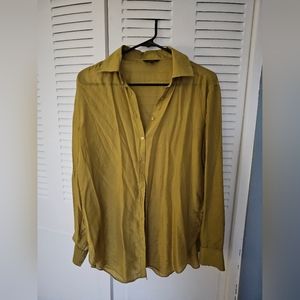 SILK - Massimo Dutti, Womens Chartreuse Collared Shirt, Size Small